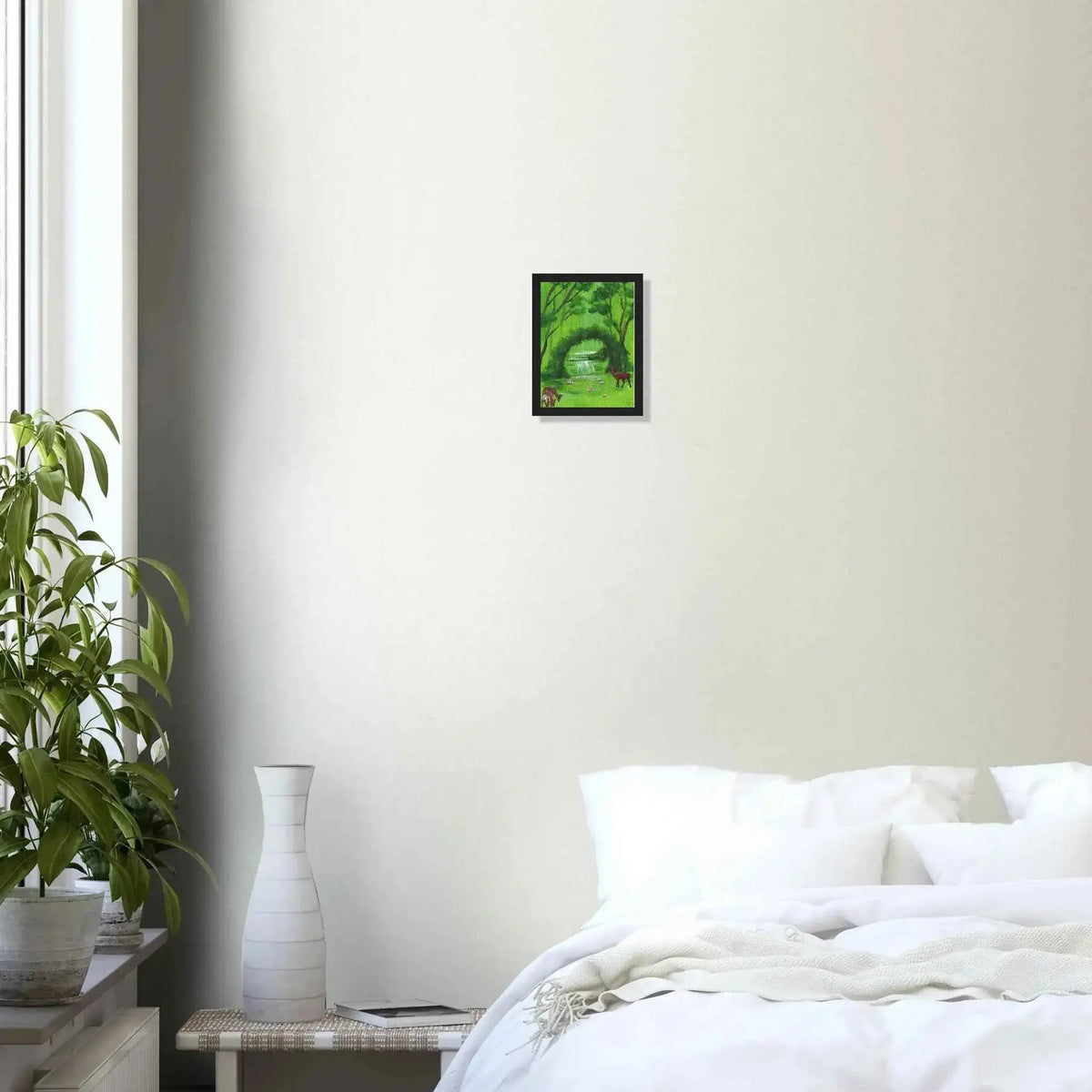 Green Woodland Waterfall and Deer Framed Fine Art Poster - Nature Inspired Wall Decor