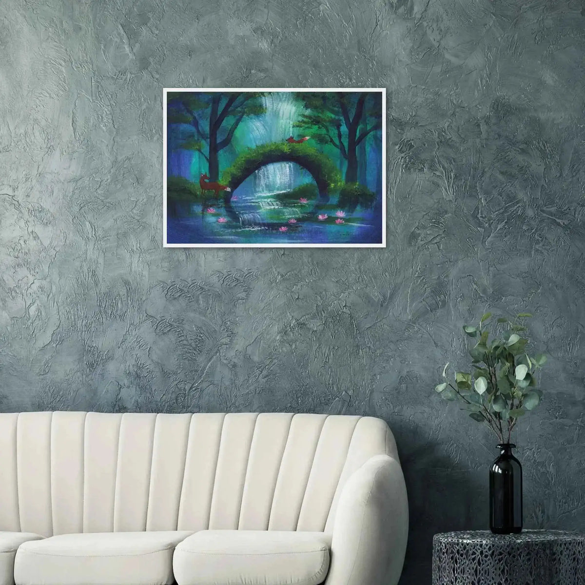 Foxes at the Mossbridge Falls - Fine Art Framed Poster