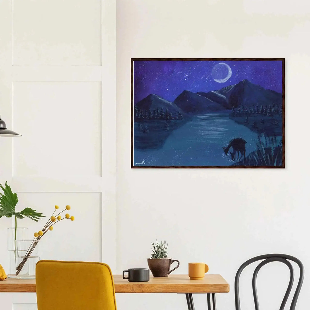 Deer by Moonlit Water - Fine Art Framed Poster