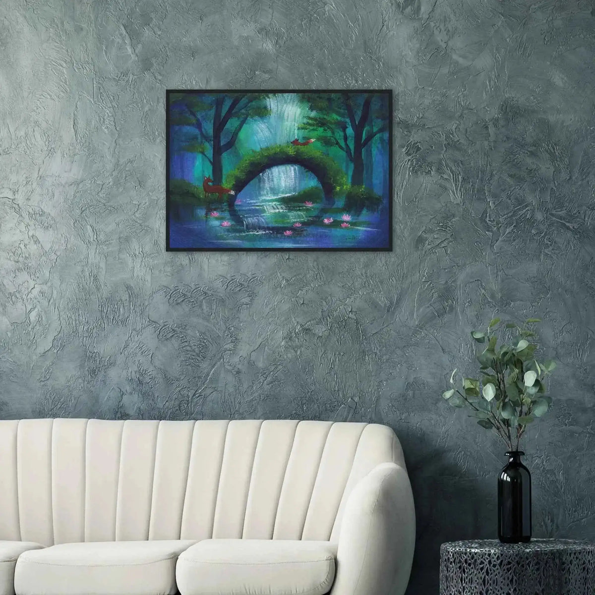 Foxes at the Mossbridge Falls - Fine Art Framed Poster