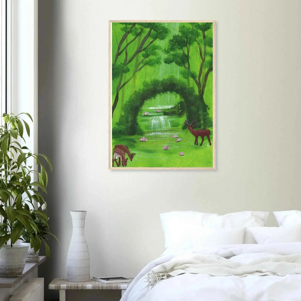 Green Woodland Waterfall and Deer Framed Fine Art Poster - Nature Inspired Wall Decor
