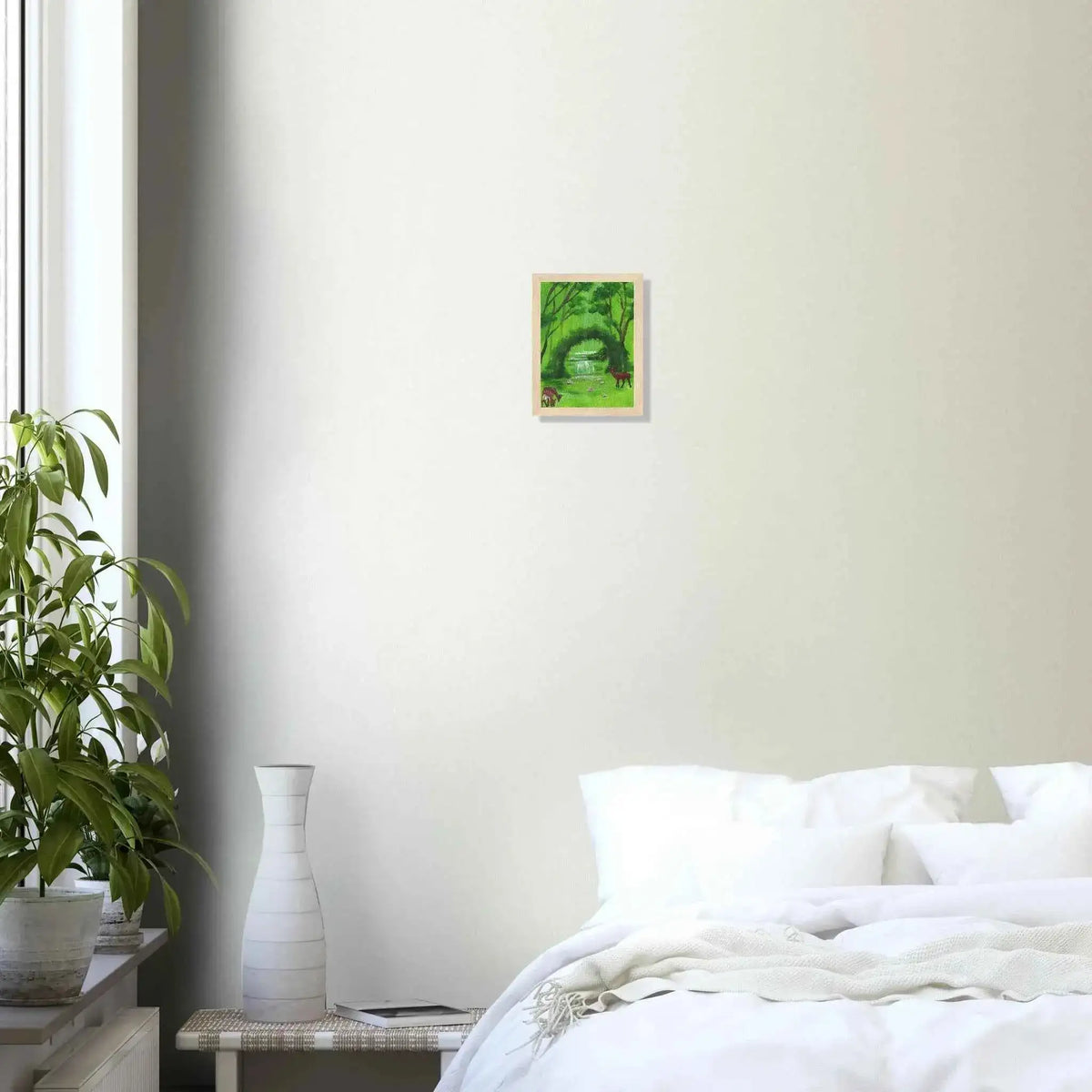 Green Woodland Waterfall and Deer Framed Fine Art Poster - Nature Inspired Wall Decor