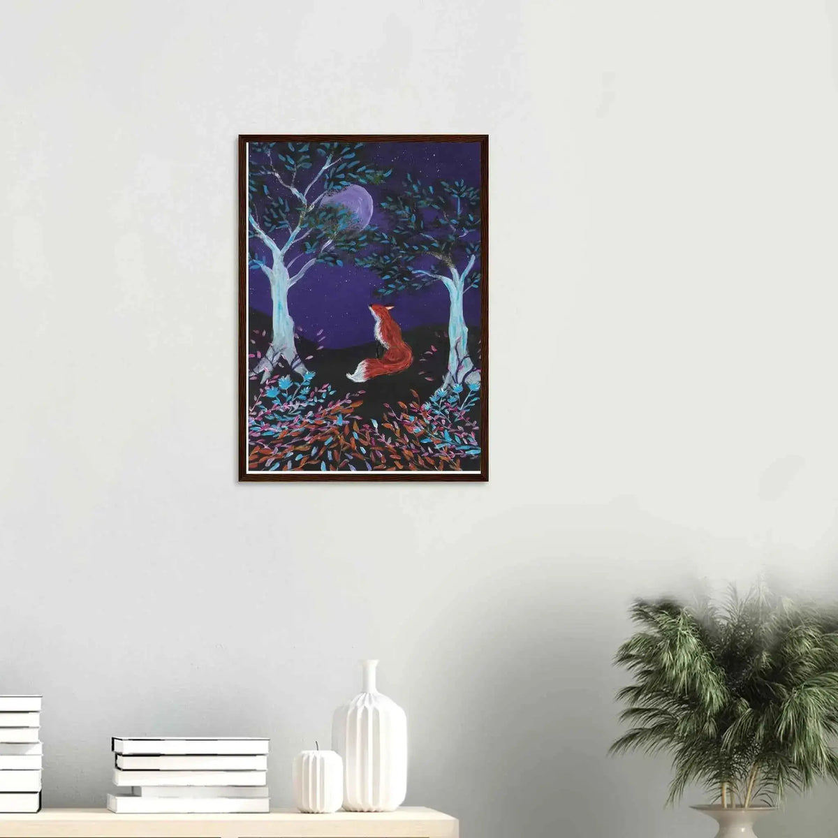 Whimsical Fox and Moon Framed Fine Art Poster - Nature-Inspired Wall Decor