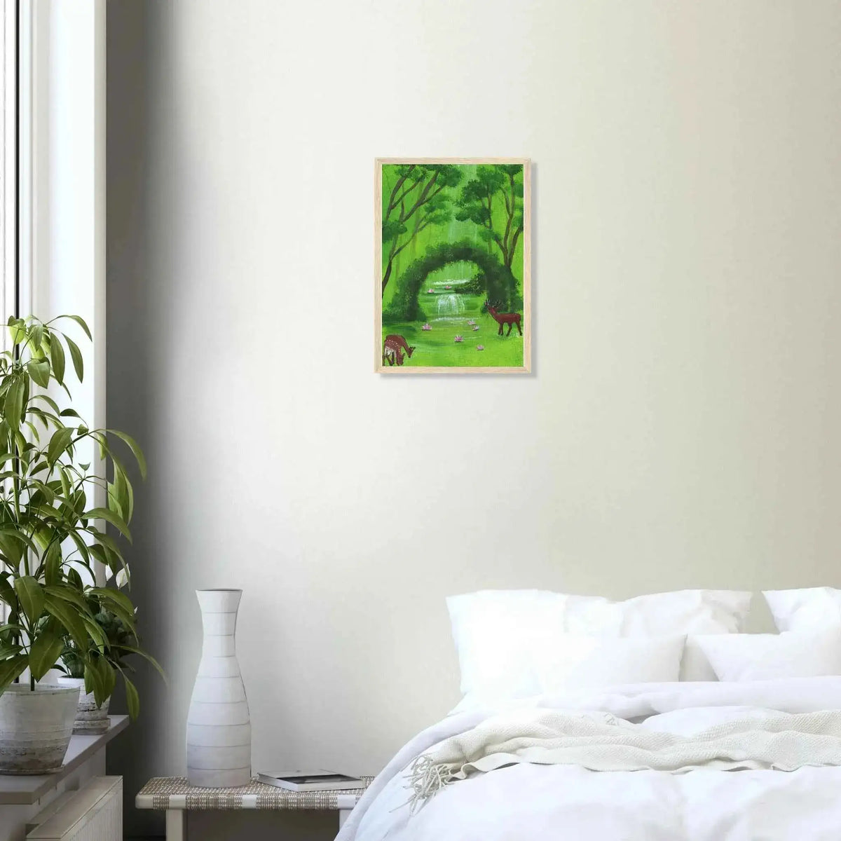 Green Woodland Waterfall and Deer Framed Fine Art Poster - Nature Inspired Wall Decor