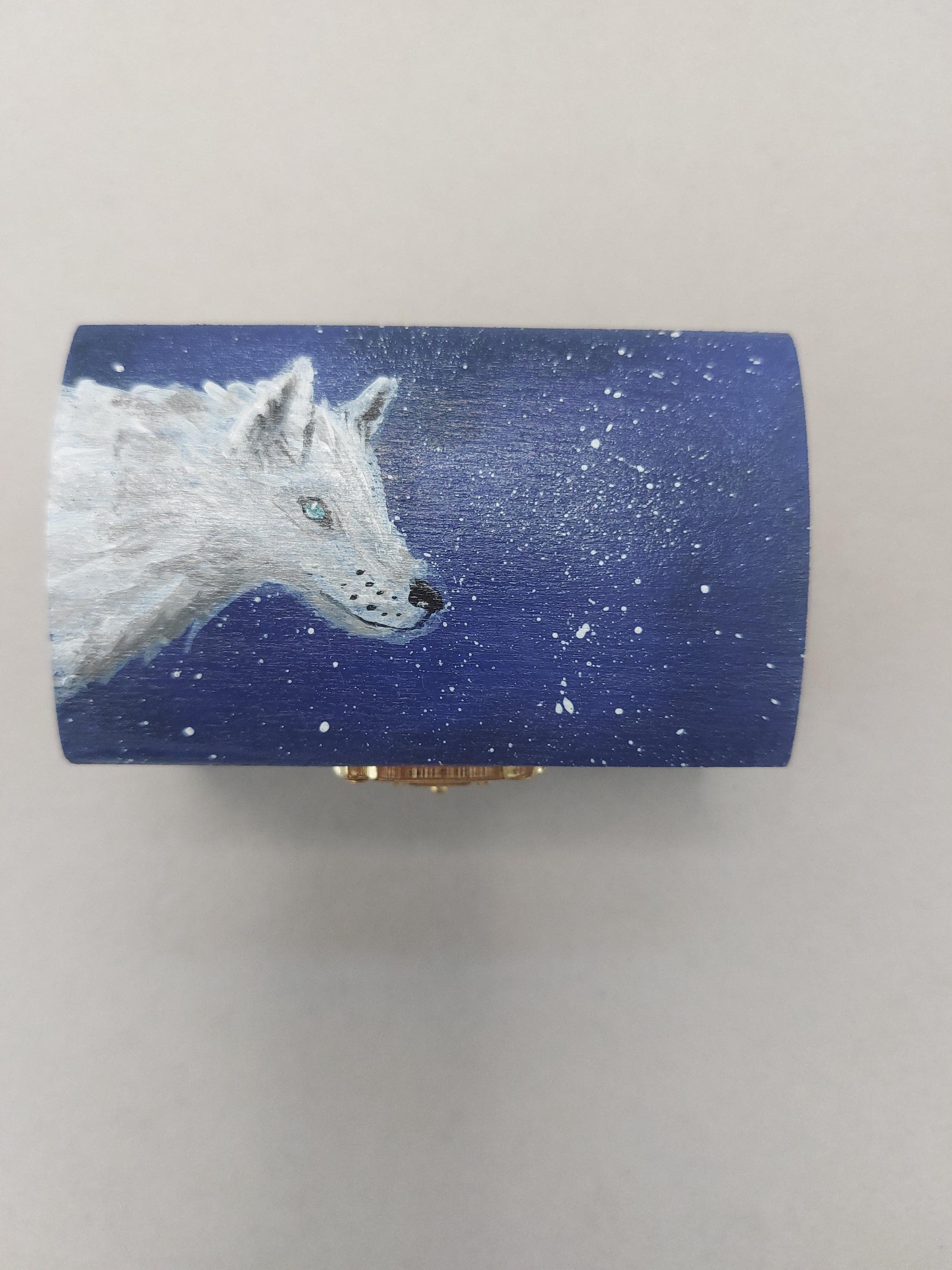 Hand‑Painted Wooden Trinket Box • Wolf Night Sky Keepsake Box • Small Jewellery Storage • Whimsical Gift for Nature Lovers