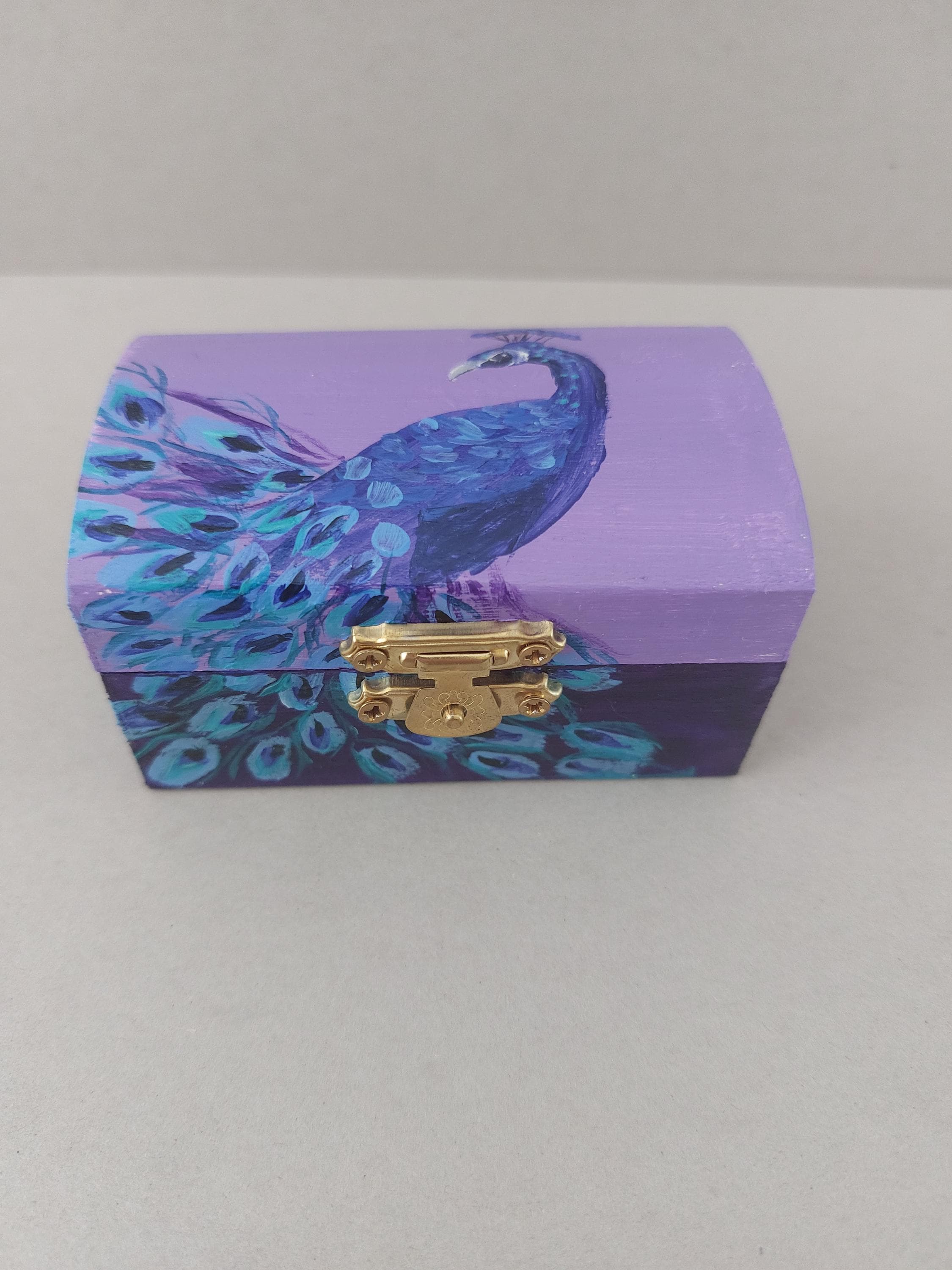 Hand‑Painted Peacock Trinket Box • Purple Wooden Keepsake Box • Jewellery Storage • Unique Handmade Gift